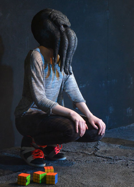 The tentacled Cthulhu mask created by student designer Isa Shaw-Abulafia for RWCMD's production of Pomona, was also used in The Orange Tree's acclaimed production