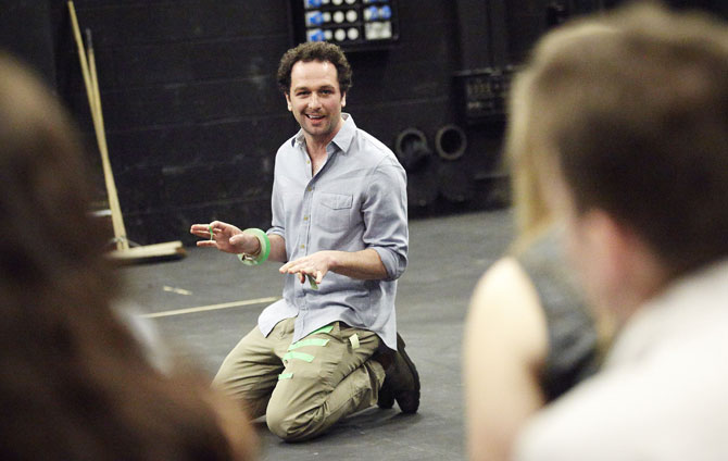 Matthew Rhys, International Chair in Drama, in a workshop with students in the Richard Burton Theatre 