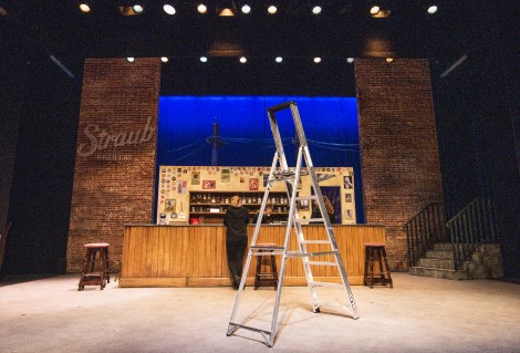 The set for Sweat - a bar at the back of the stage with a step ladder at the front 